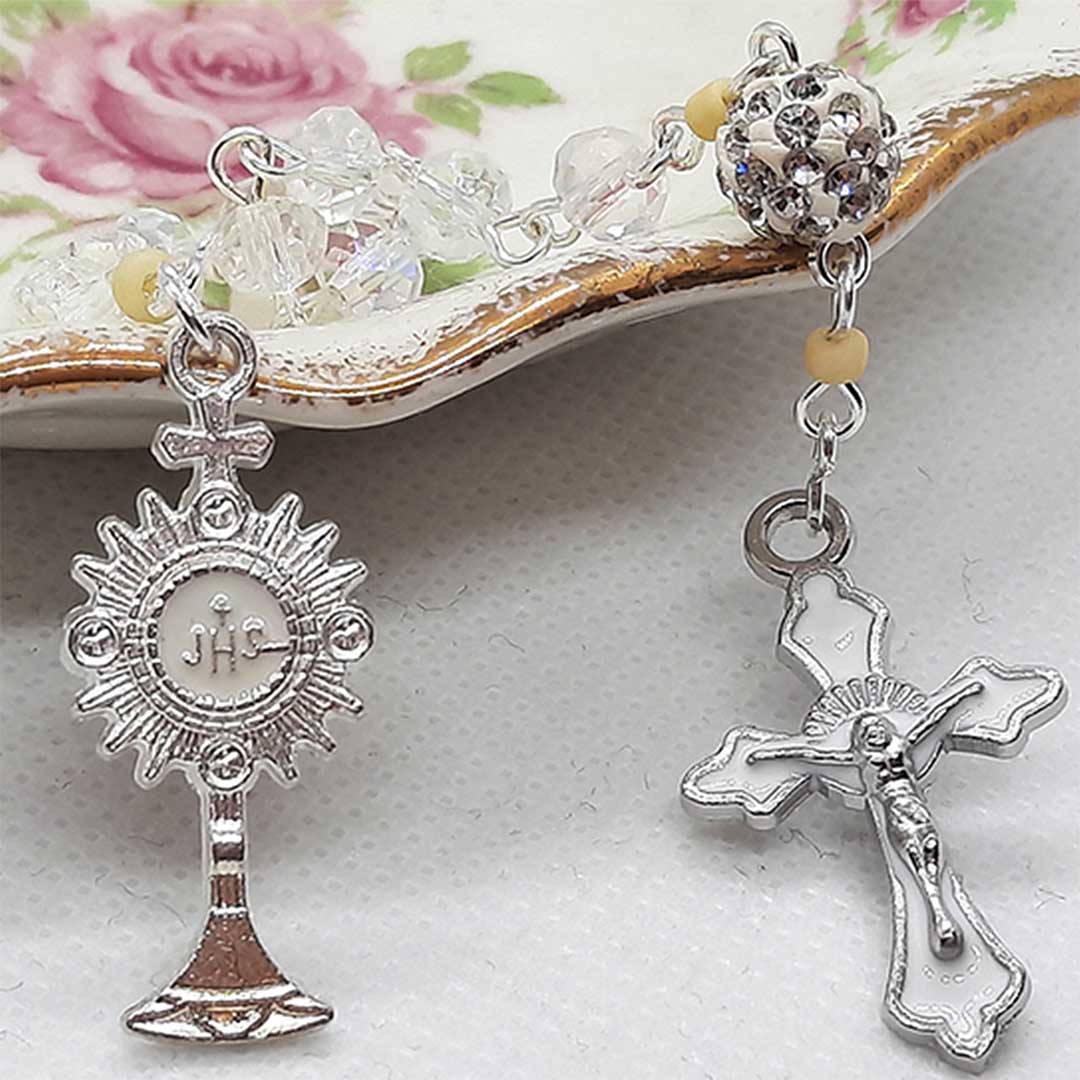 One Decade Rosary - First Holy Communion - Monstrance Medal - Clear Glass Crystal
