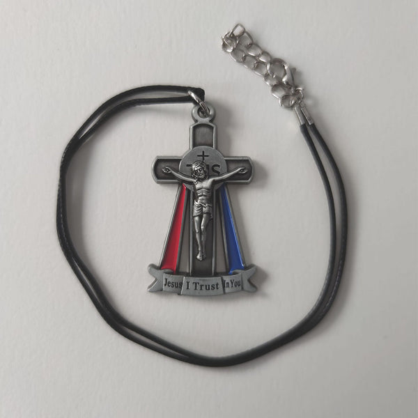 Divine Mercy Crucifix - Black Waxed Cord Necklace