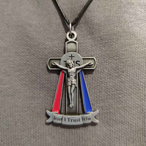 Divine Mercy Crucifix - Black Waxed Cord Necklace