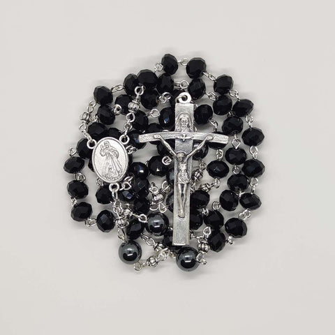 Rosary - Black Glass Crystal Beads - Trinity Crucifix