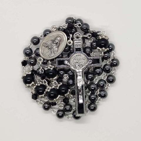 Rosary - Black Hematite Beads With Saint Benedict Crucifix