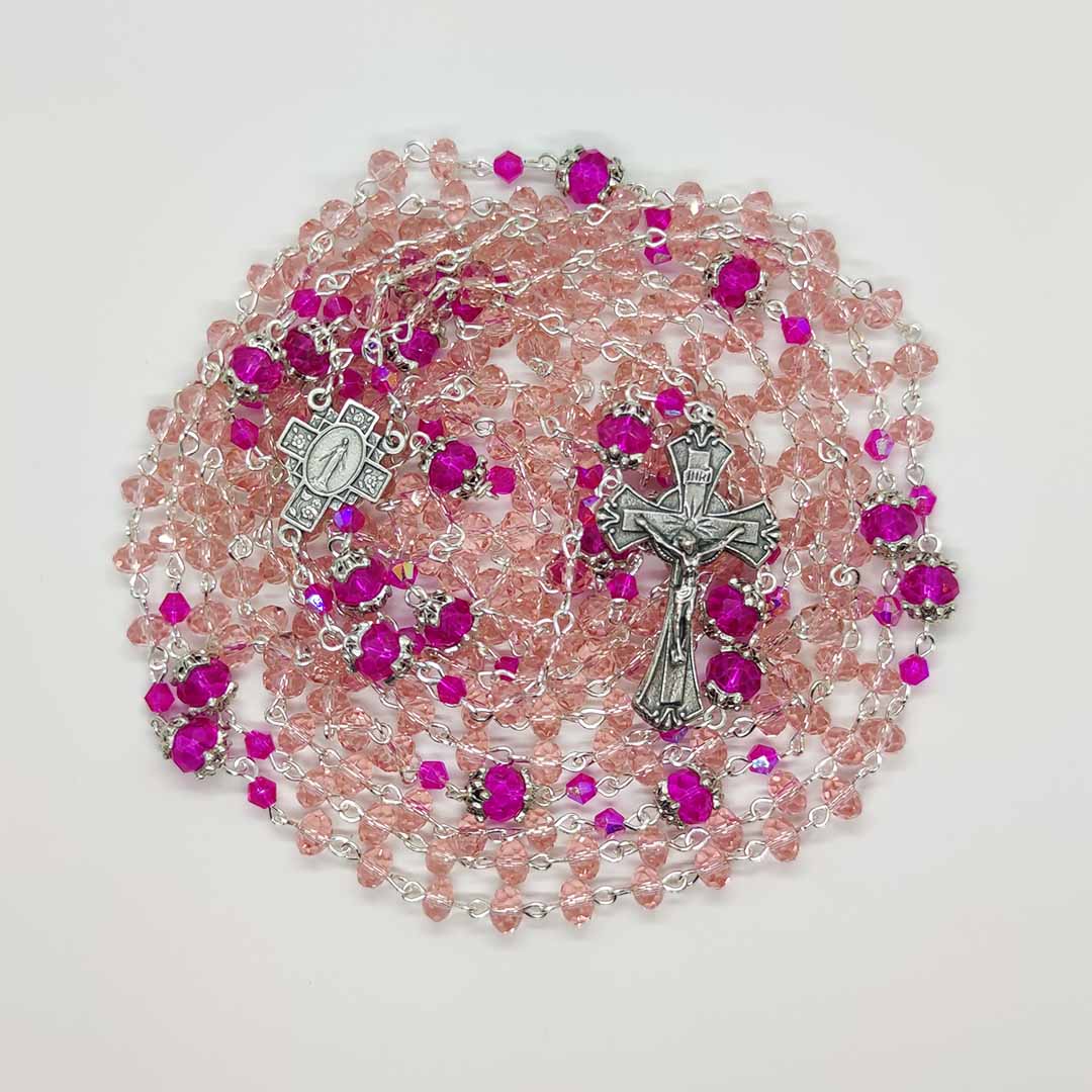 20 Decade Rosary in Pink Glass Crystal
