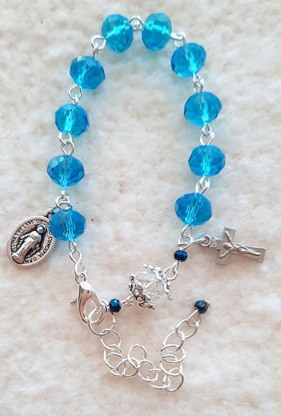 One Decade Rosary Bracelet - Aqua Blue Glass Crystal Beads