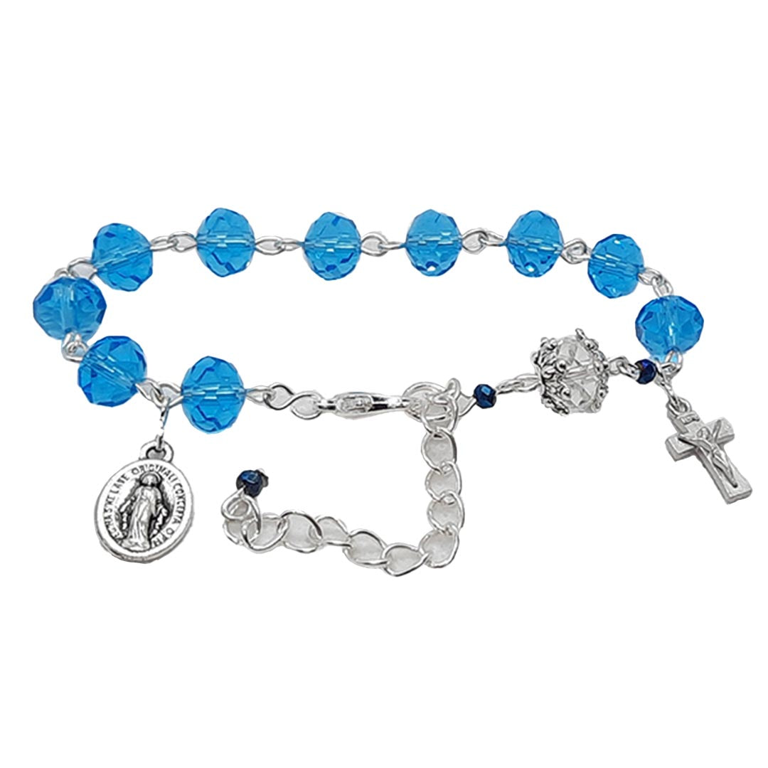 One Decade Rosary Bracelet - Aqua Blue Glass Crystal Beads