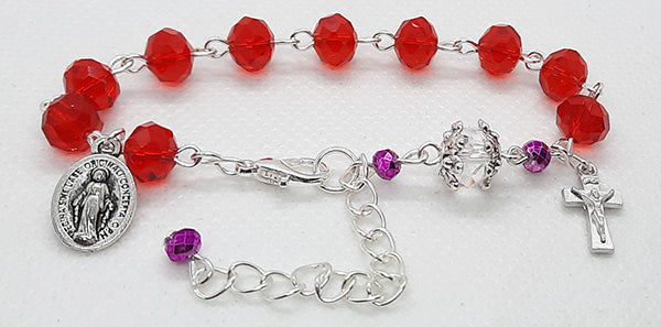 One Decade Rosary Bracelet - Red Glass Crystal Beads