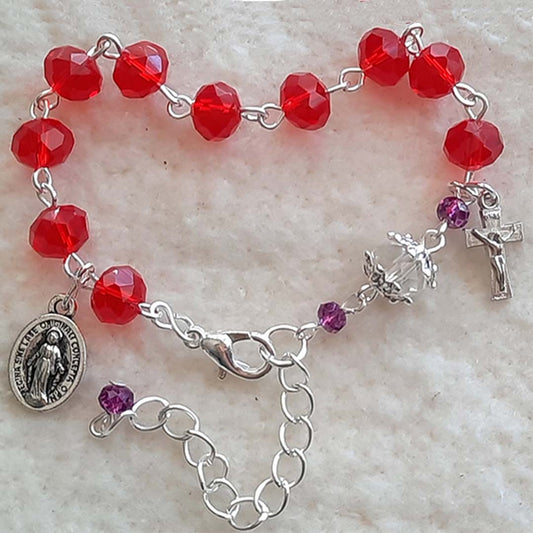 One Decade Rosary Bracelet - Red Glass Crystal Beads