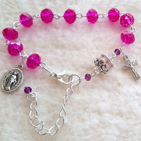 One Decade Rosary Bracelet - Bright Pink Glass Crystal Beads