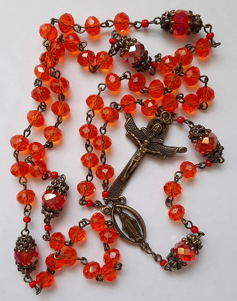 Rosary - Orange Glass Crystal Beads - Bronze