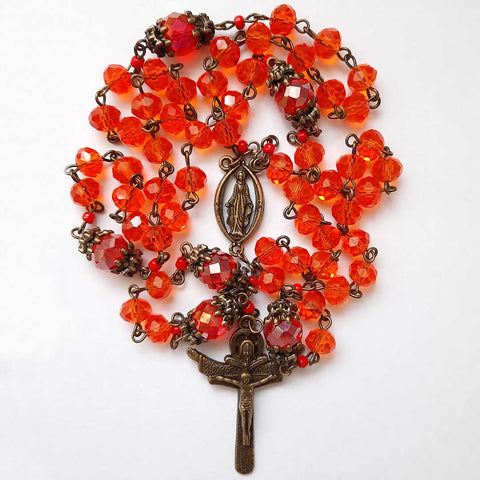 Rosary - Orange Glass Crystal Beads - Bronze