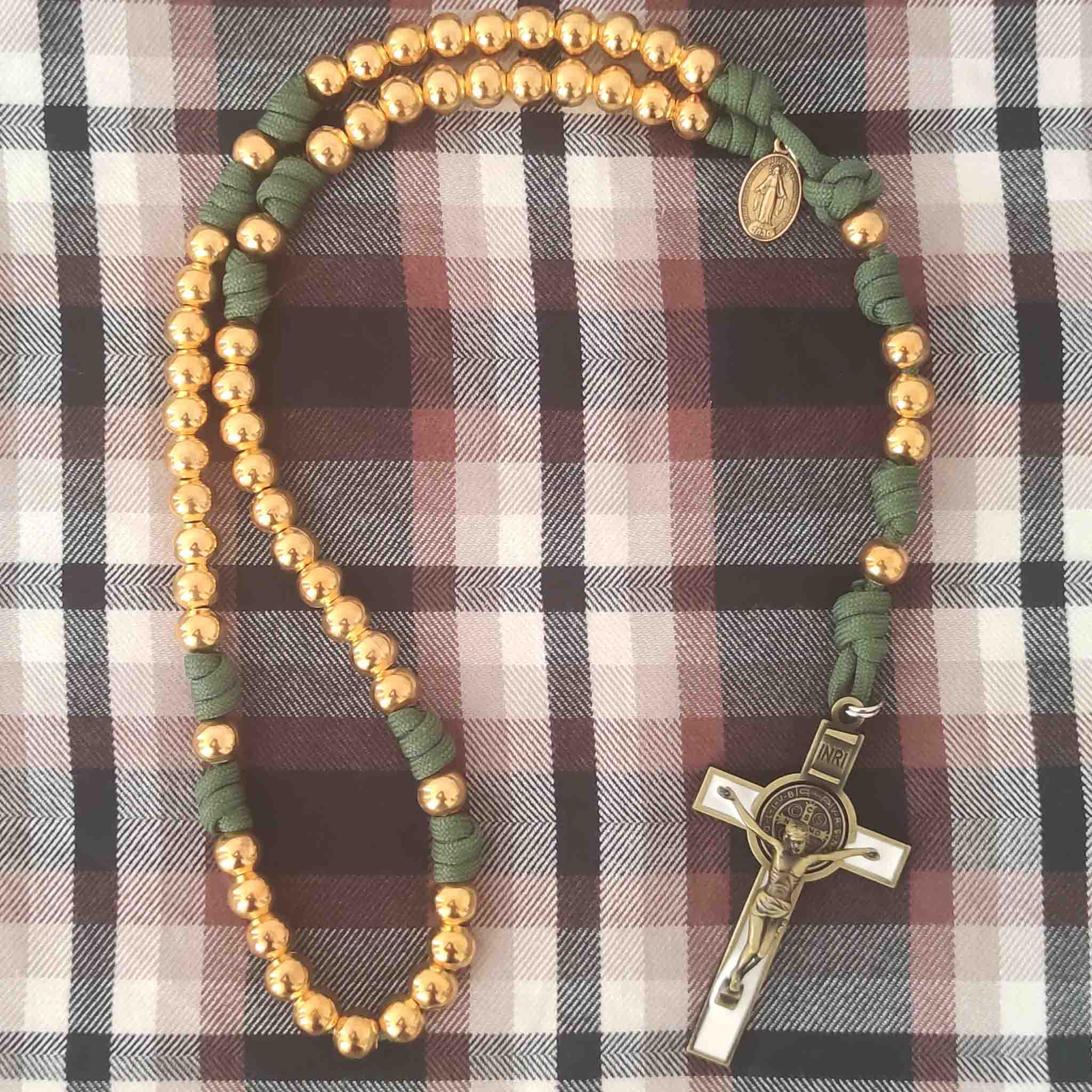 St Benedict Paracord Rosary Gold Metal Beads (green colour)
