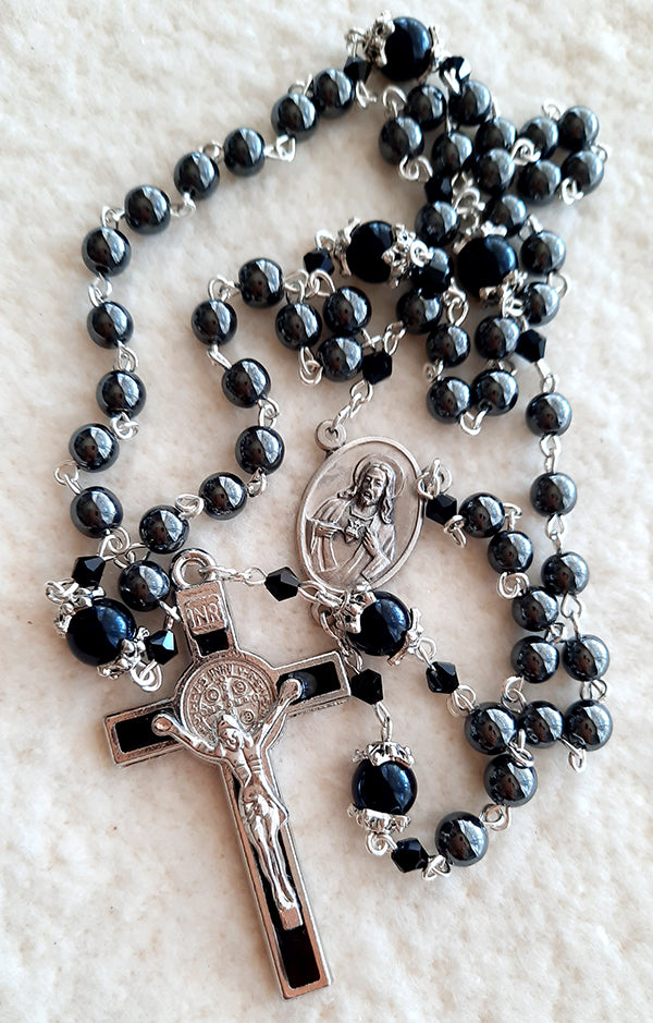 Rosary - Black Hematite Beads With Saint Benedict Crucifix