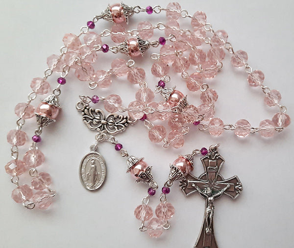 Pink Rosary - 6x8mm Pink Glass Crystal - Pink Hematite Beads