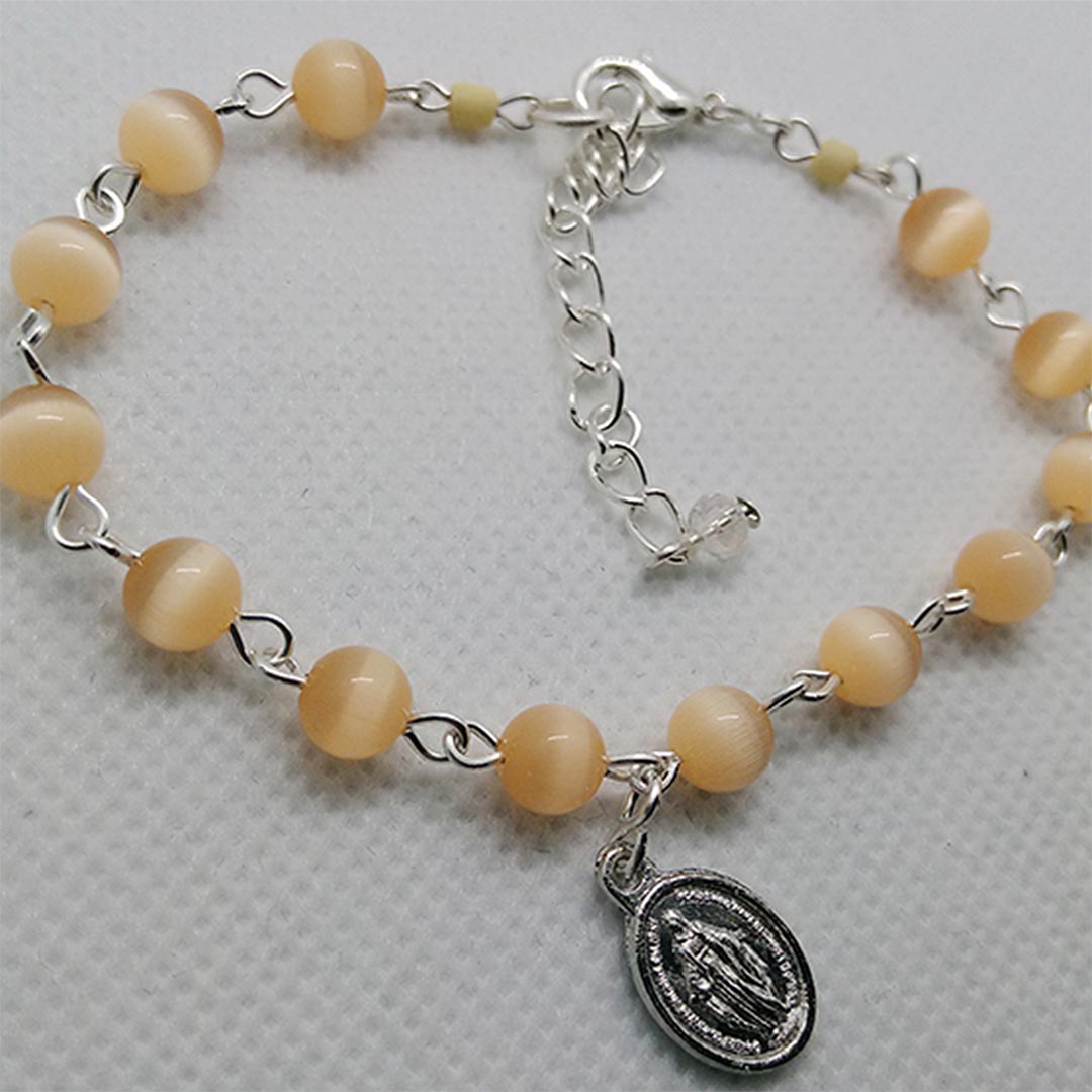 Religious Bracelet - Peach Cats Eye Beads with Miraculous Medal