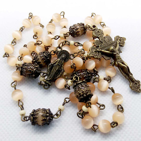 Rosary 6mm Peach Cats Eye Beads - Bronze