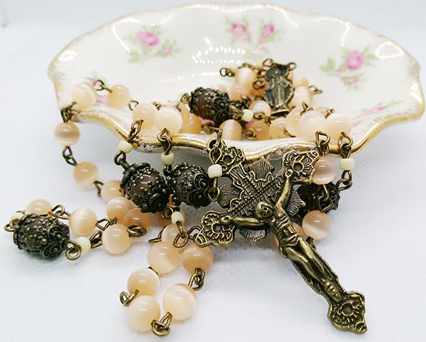 Rosary 6mm Peach Cats Eye Beads - Bronze