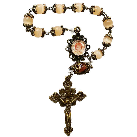 One Decade Rosary - Baby Jesus - 8mm Peach Glass Cats eye Beads