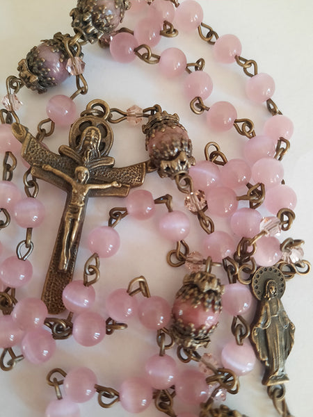 Rosary Glass Pink Cats Eye Beads - Bronze