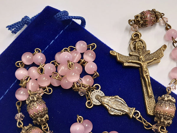 Rosary Glass Pink Cats Eye Beads - Bronze