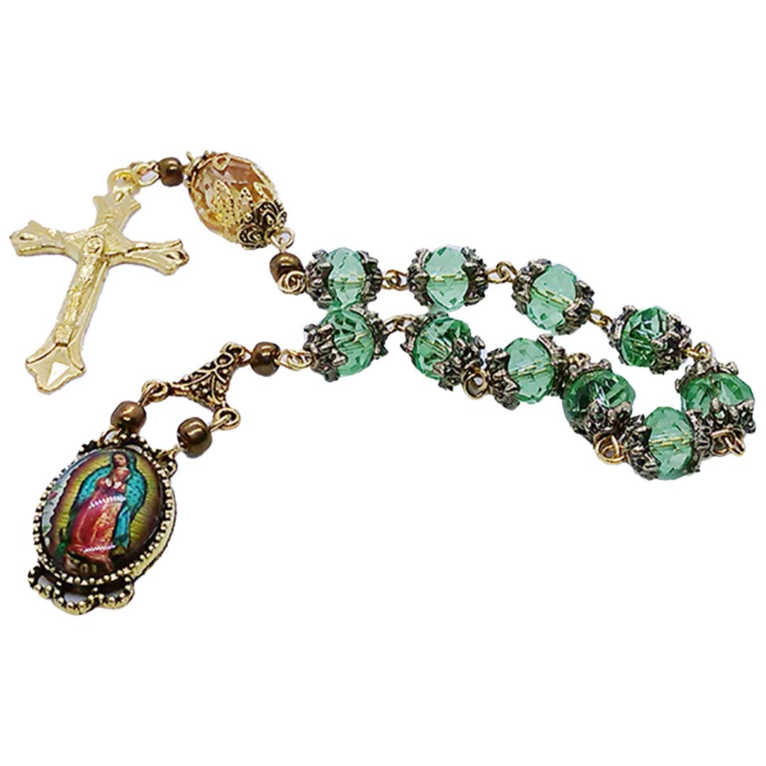 Our Lady of Guadalupe One Decade Rosary Tenner - Green Glass Crystal