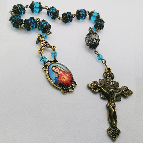 One Decade Rosary - Immaculate Heart of Mary Medal - 6x8mm Aqua Blue Glass Crystal