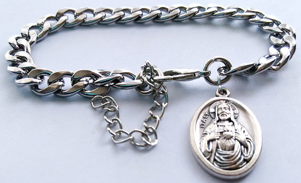 Silver Thick Chain Bracelet With Sacred Heart Medal